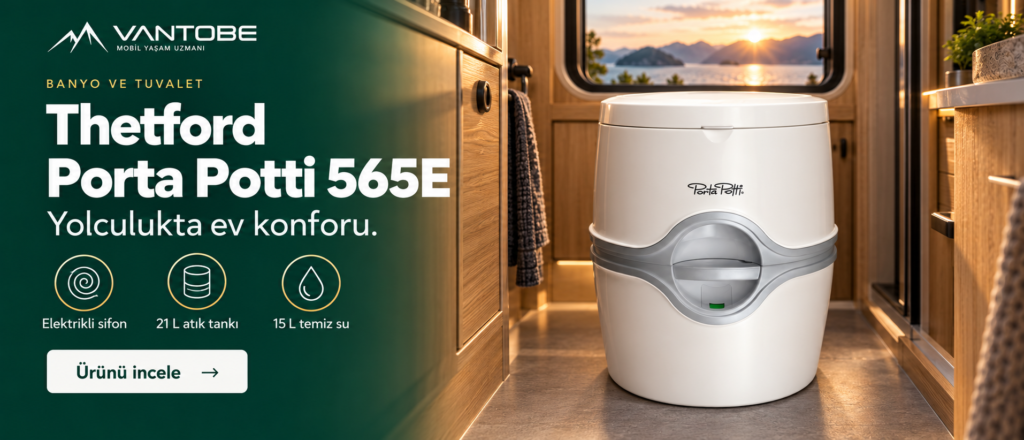 Thetford Porta Potti 565E — Yolculukta ev konforu. Elektrikli sifon, 21 L atık tankı, 15 L temiz su. Ürünü incele.